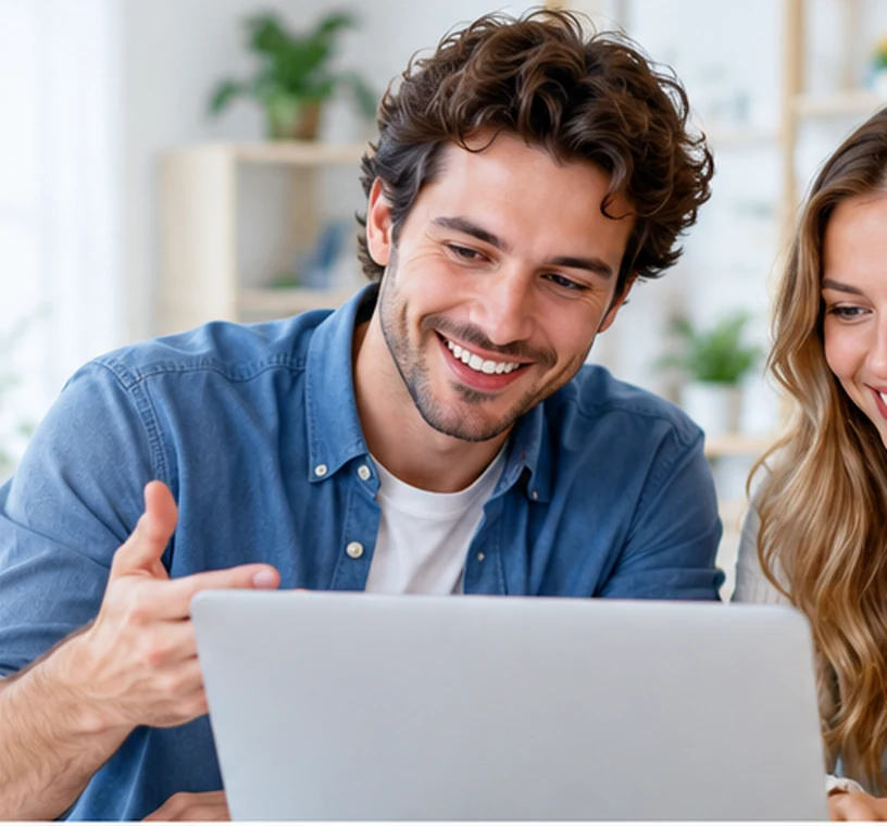 Two happy learners exploring financial education together on a laptop